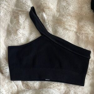 Workout  Black Ribbed One-Shoulder Top